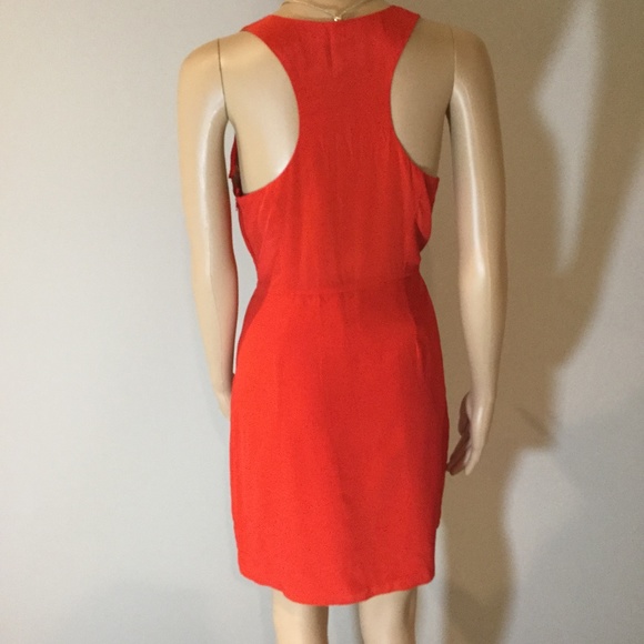 Greylin Red Orange Ruffle Front Silk Dress - Picture 3 of 5